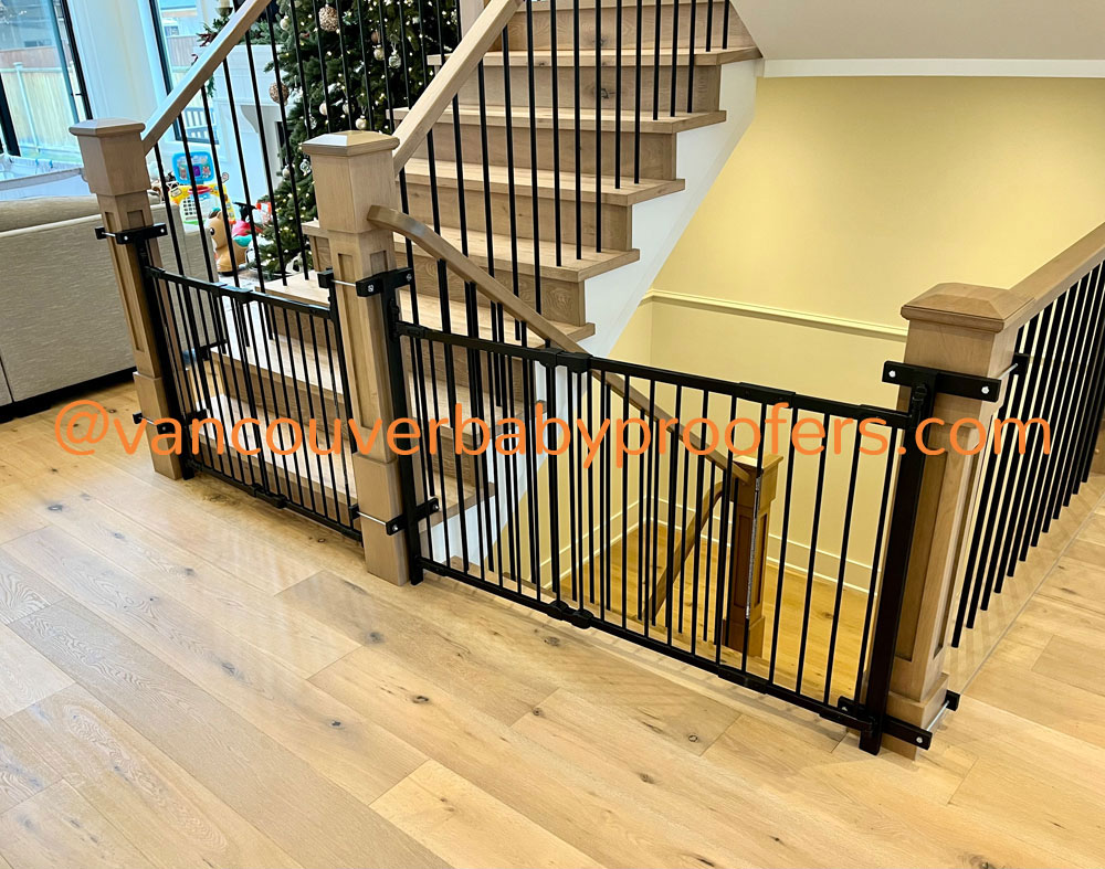 Wood banisters & no-hole clamps installation by Vancouver Baby Proofers