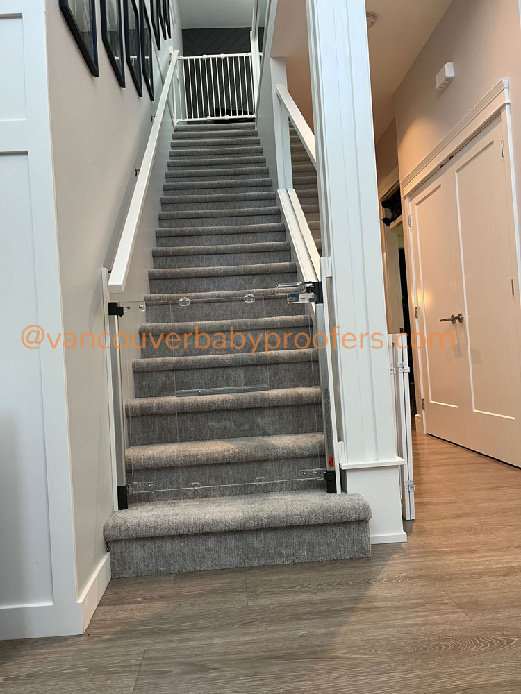 Wood banisters & no-hole clamps installation by Vancouver Baby Proofers