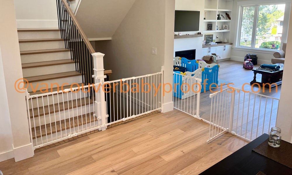 Wood banisters & no-hole clamps installation by Vancouver Baby Proofers