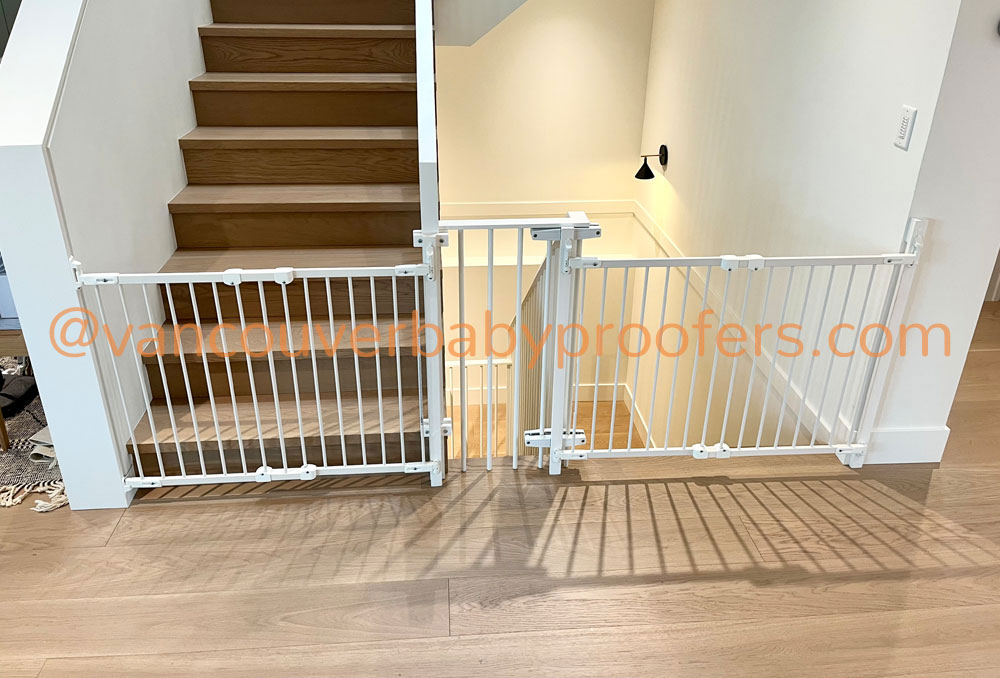 Wood banisters & no-hole clamps installation by Vancouver Baby Proofers