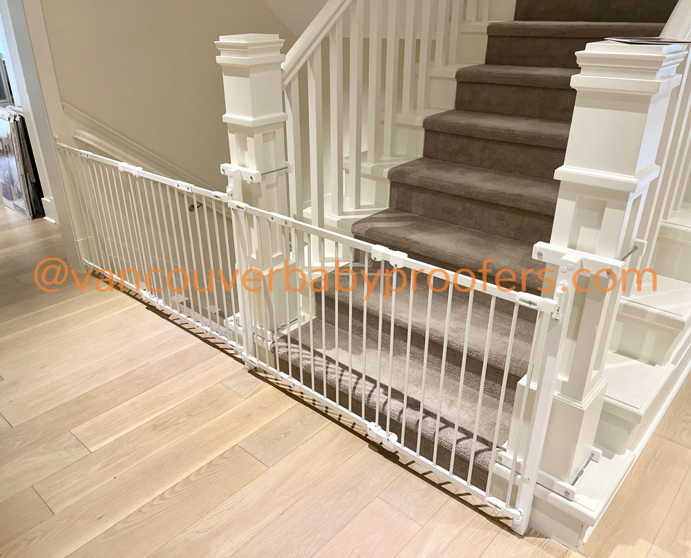 Wood banisters & no-hole clamps installation by Vancouver Baby Proofers