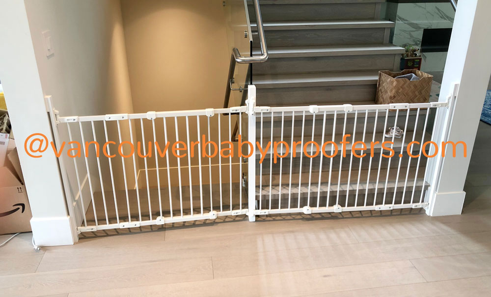 Wood banisters & no-hole clamps installation by Vancouver Baby Proofers