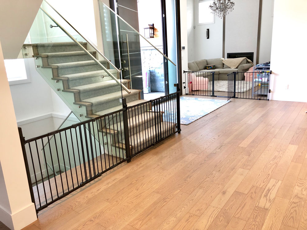 Custom-fitted black safety gates installed around a modern glass-railing staircase in a Vancouver home